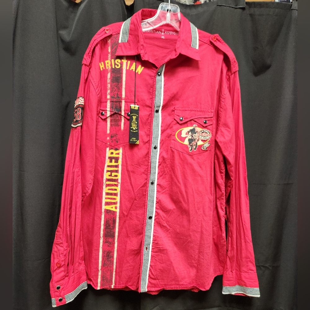 Christian Audigier NWT XL, patches and artistic design button up shirt